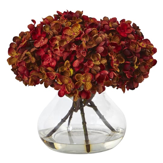 8.5" Red Hydrangea Arrangement in Glass Vase
